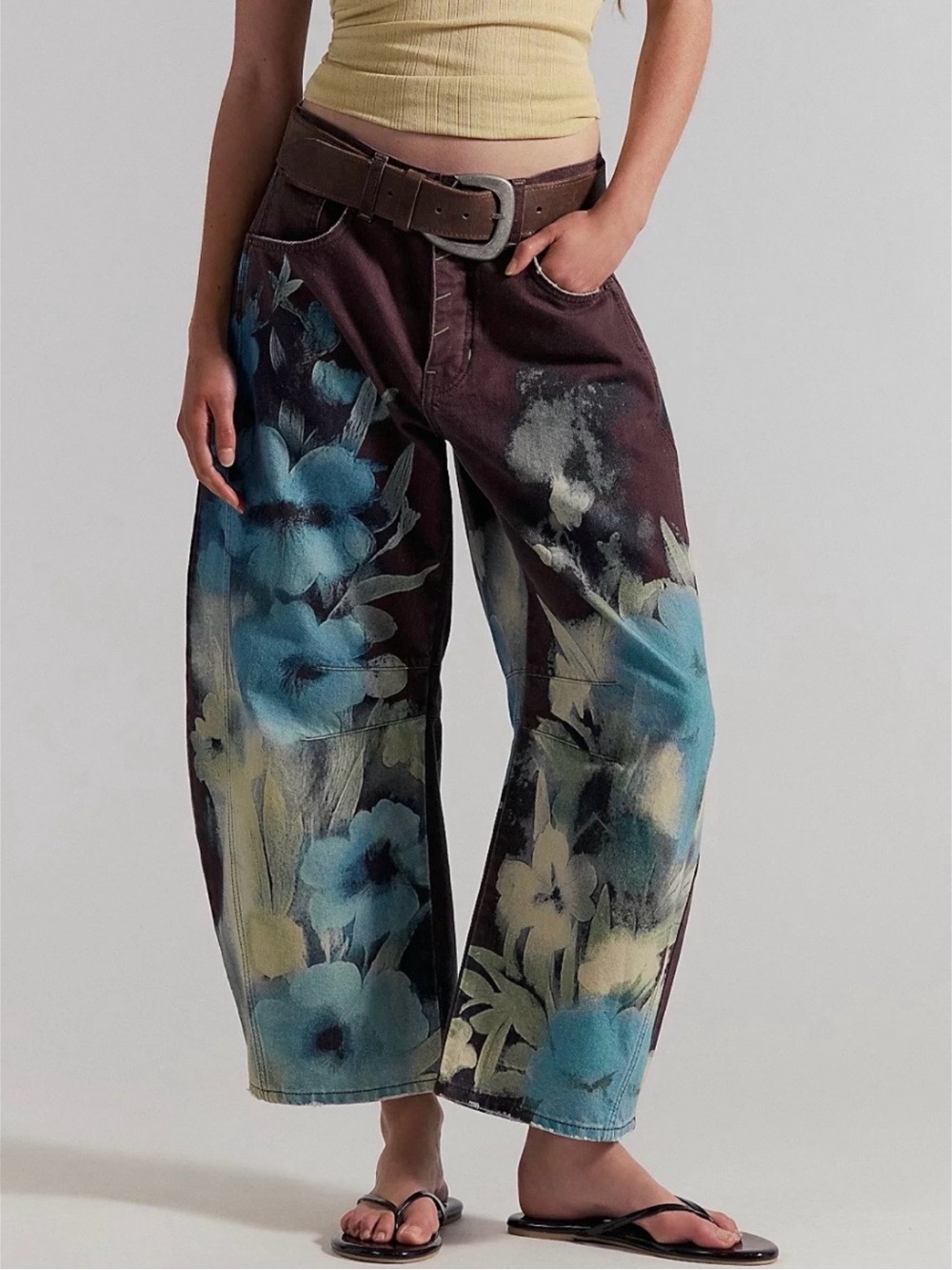 Free People Floral Painted Wide-Leg Jeans in Blue and Brown SZ 25